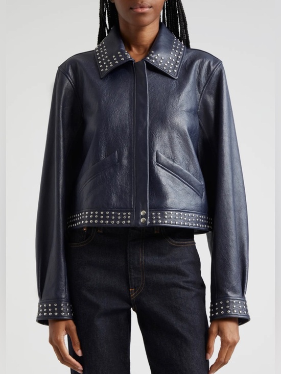 cinq a sept Jackets & Blazers - Cinq à Sept Kierstin Stud Detail Leather Navy Blue Jacket SZ XL NWT